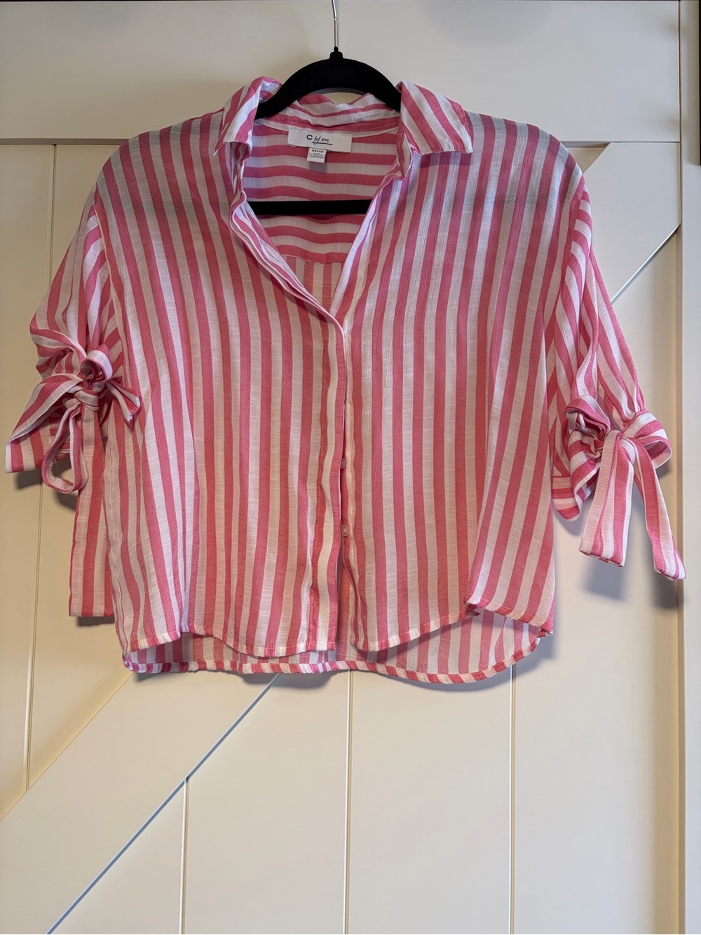 Pink Striped Tie-Sleeve Button-Down Top